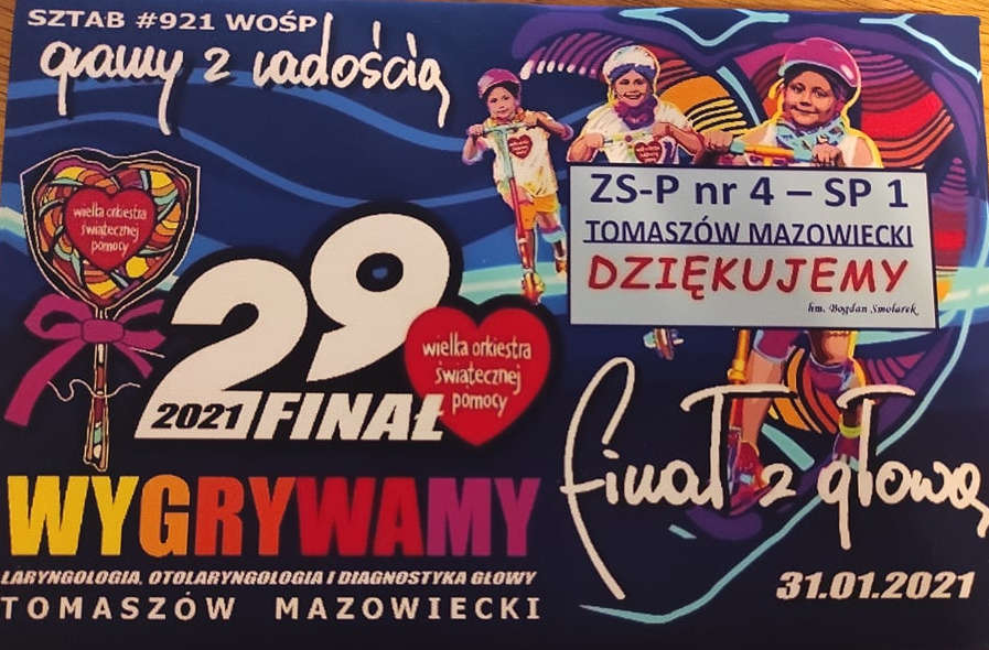 Podziękowanie WOŚP dla SP nr 1