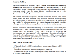 List MEN do rodziców nt. Tygodnia o przeciwdziałaniu przemocy rówieśniczej