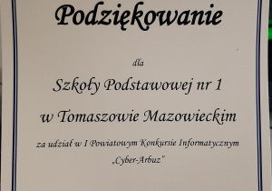 Podziękowanie dla szkoły za udział w konkursie